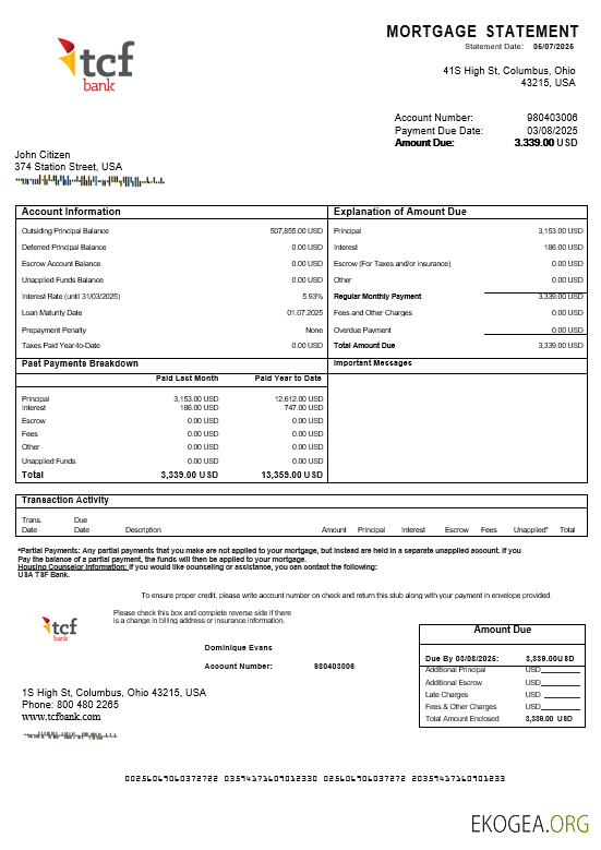 Relevé hypothécaire de la TCF Bank des États , Unis aux formats Word et PDF